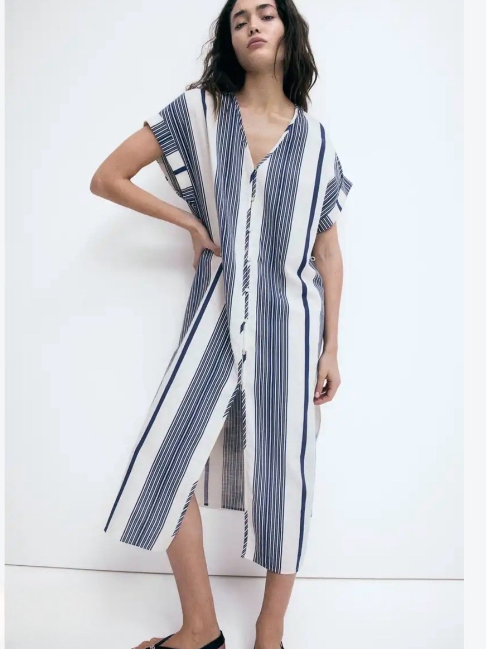 H&M Blue and White Striped V-Neck Swim Coverup Midi